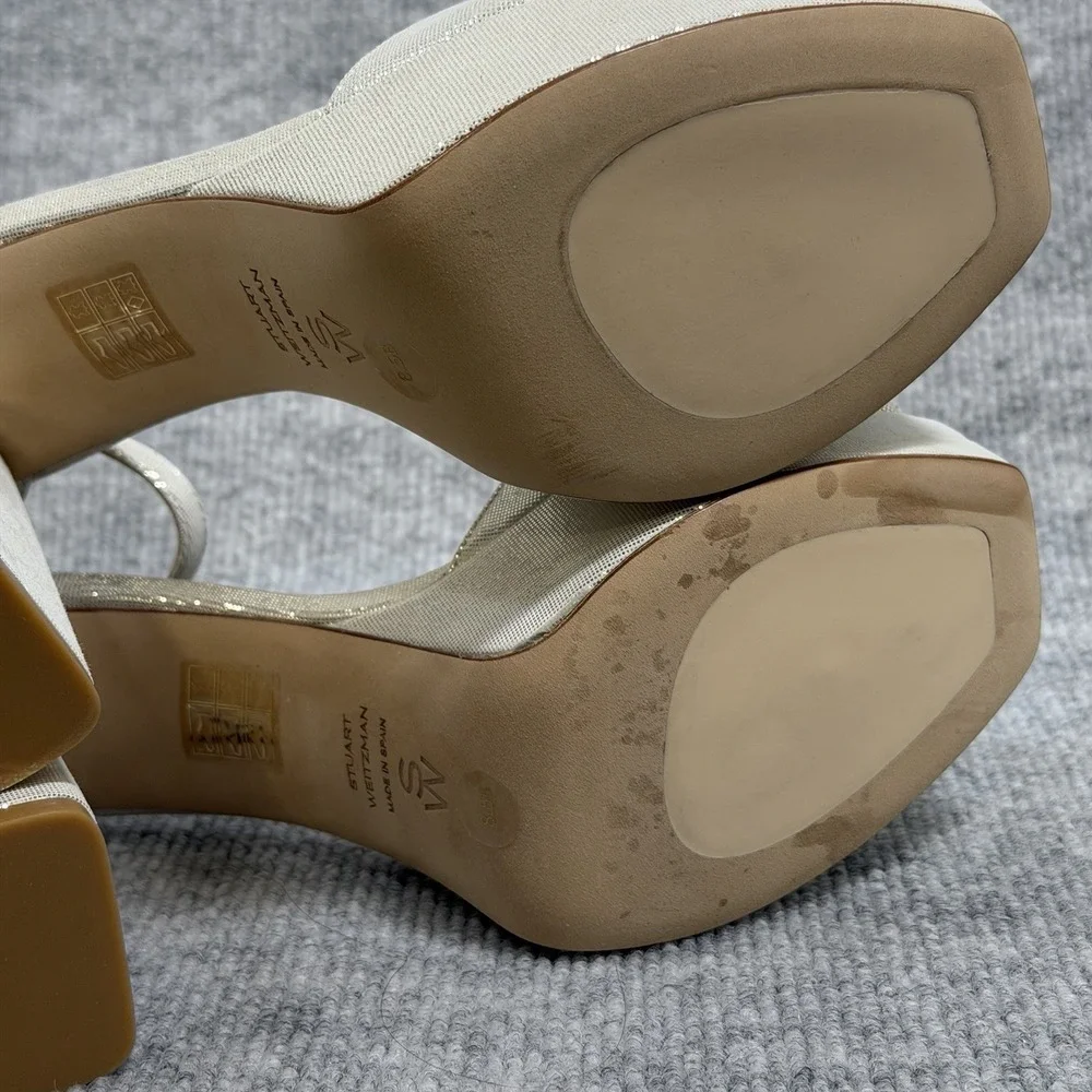 Stuart Weitzman Size-8.5B Sabrina Platform Linen Leather Shimmer Beige $575